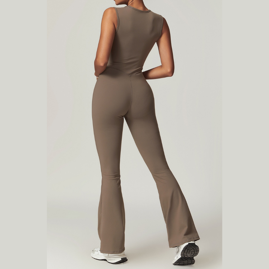 CATHY V-Shape Top Flared Bottom Jumpsuit - Brown