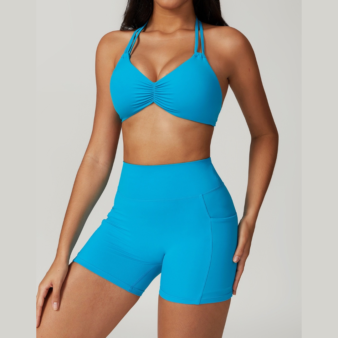 LUNA Chic Backless Top Scrunch Short Set- Blue