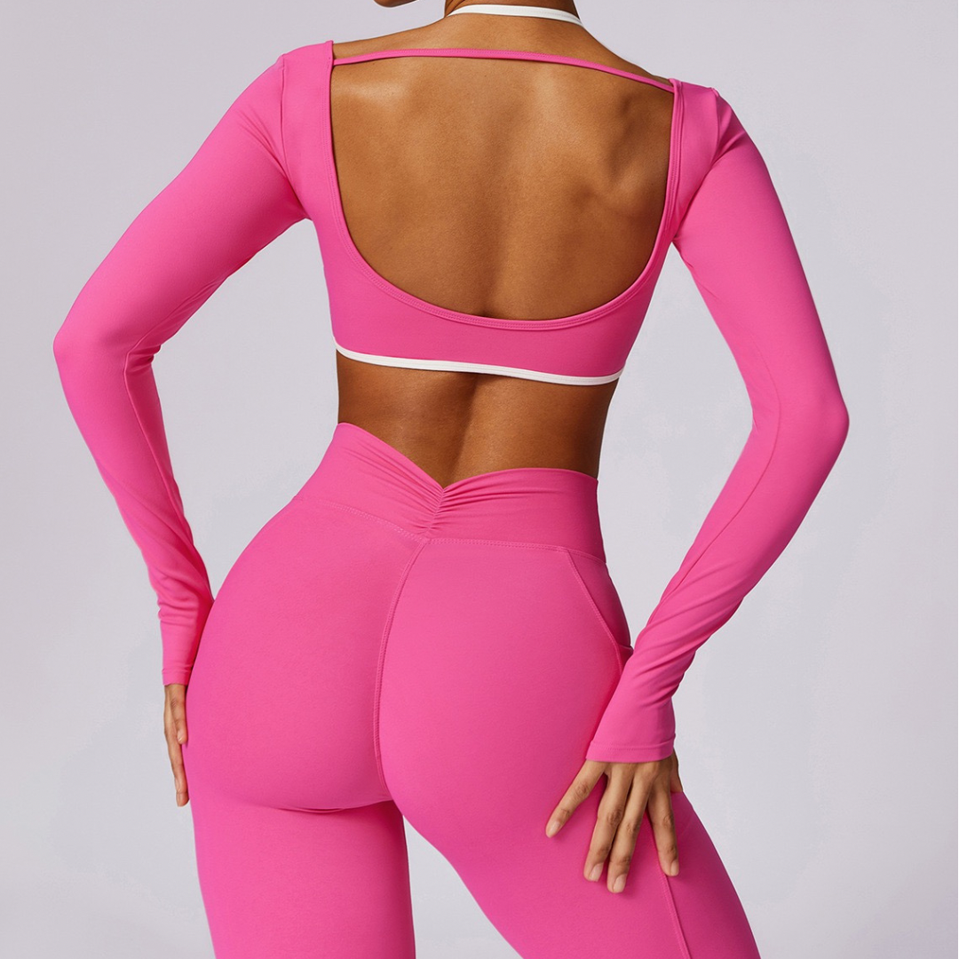 Long Sleeve Backless V-Shape Legging Set - Pink