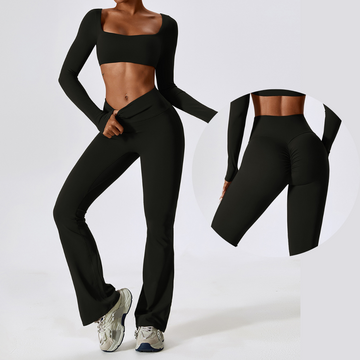 Long Sleeve Scrunch Flared Legging Set - Black