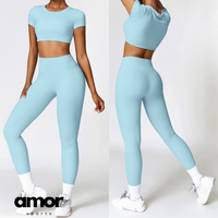 Comfy Short Sleeve Crop Top Legging Set - Sky Blue