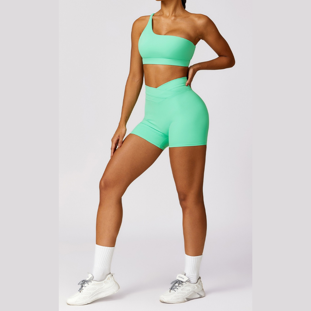 Single Shoulder Top with Short Set - Green