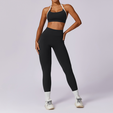 White Strap Backless V-Shape Legging Set - Black