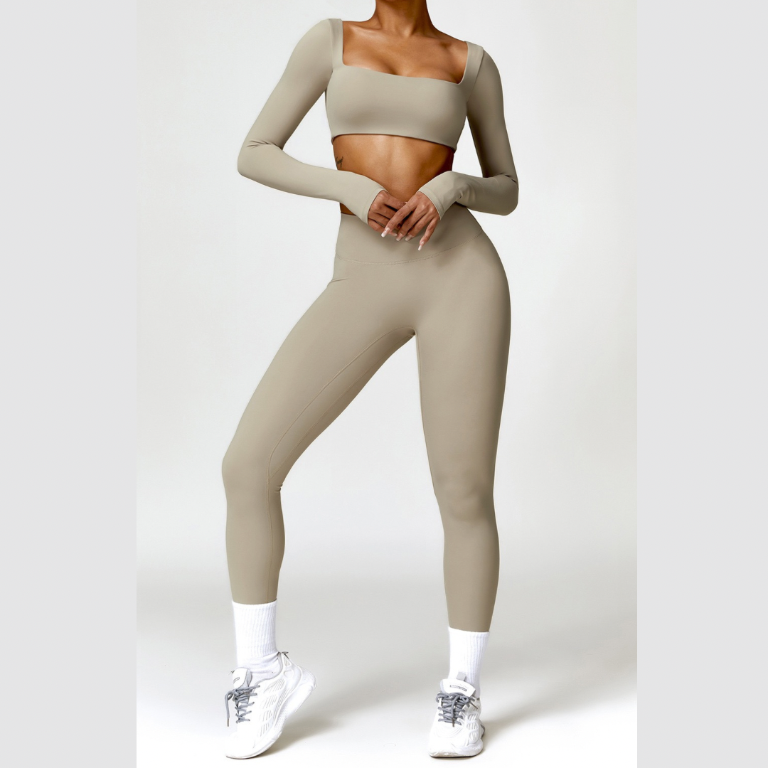 Κομψό μακρυμάνικο τοπ Skinny Scrunched Legging Set - Τσιμέντο 