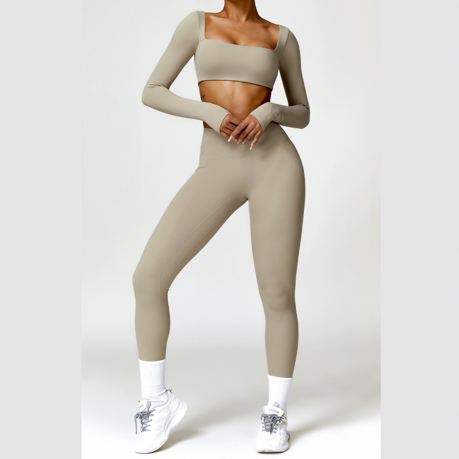 Κομψό μακρυμάνικο τοπ Skinny Scrunched Legging Set - Τσιμέντο 