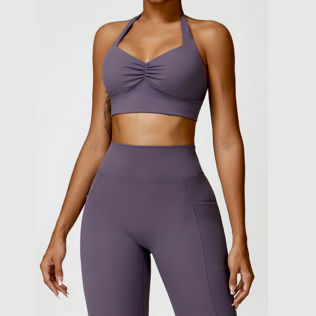 Backless Stylish Top V-Shape Legging Set - Foggy Purple