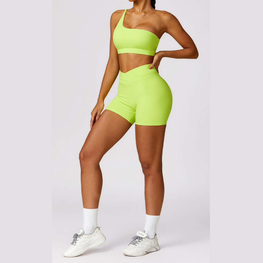 Single Shoulder Top with Short Set - Lime Yellow