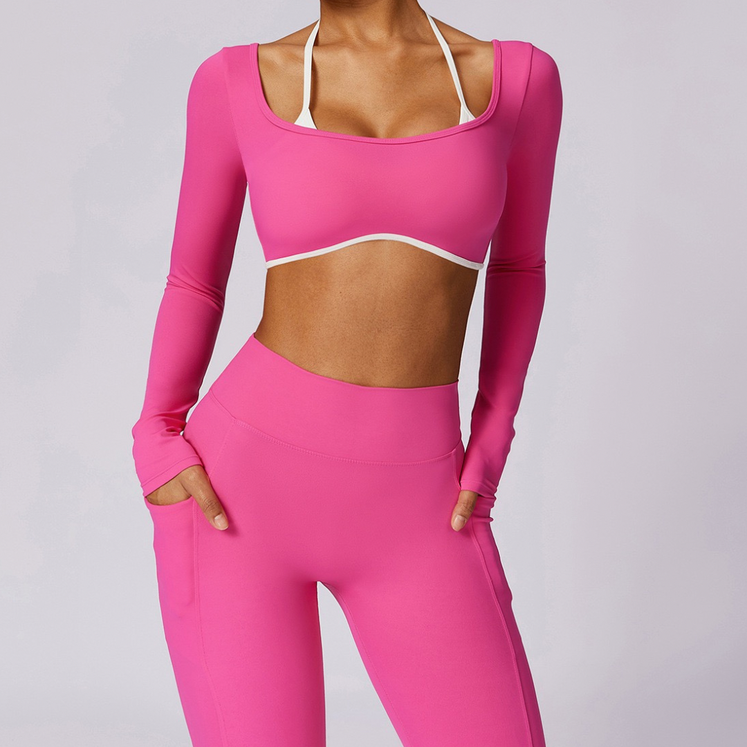 Long Sleeve Backless V-Shape Legging Set - Pink