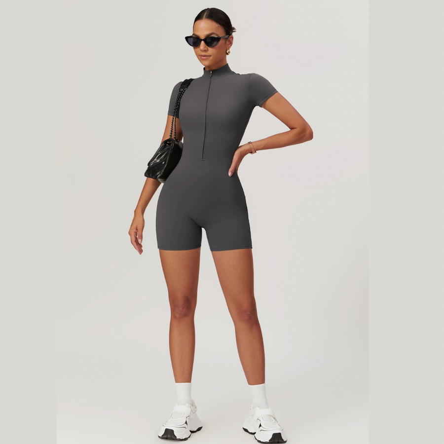 Summer Short-Sleeve Zip Romper - Dark Grey