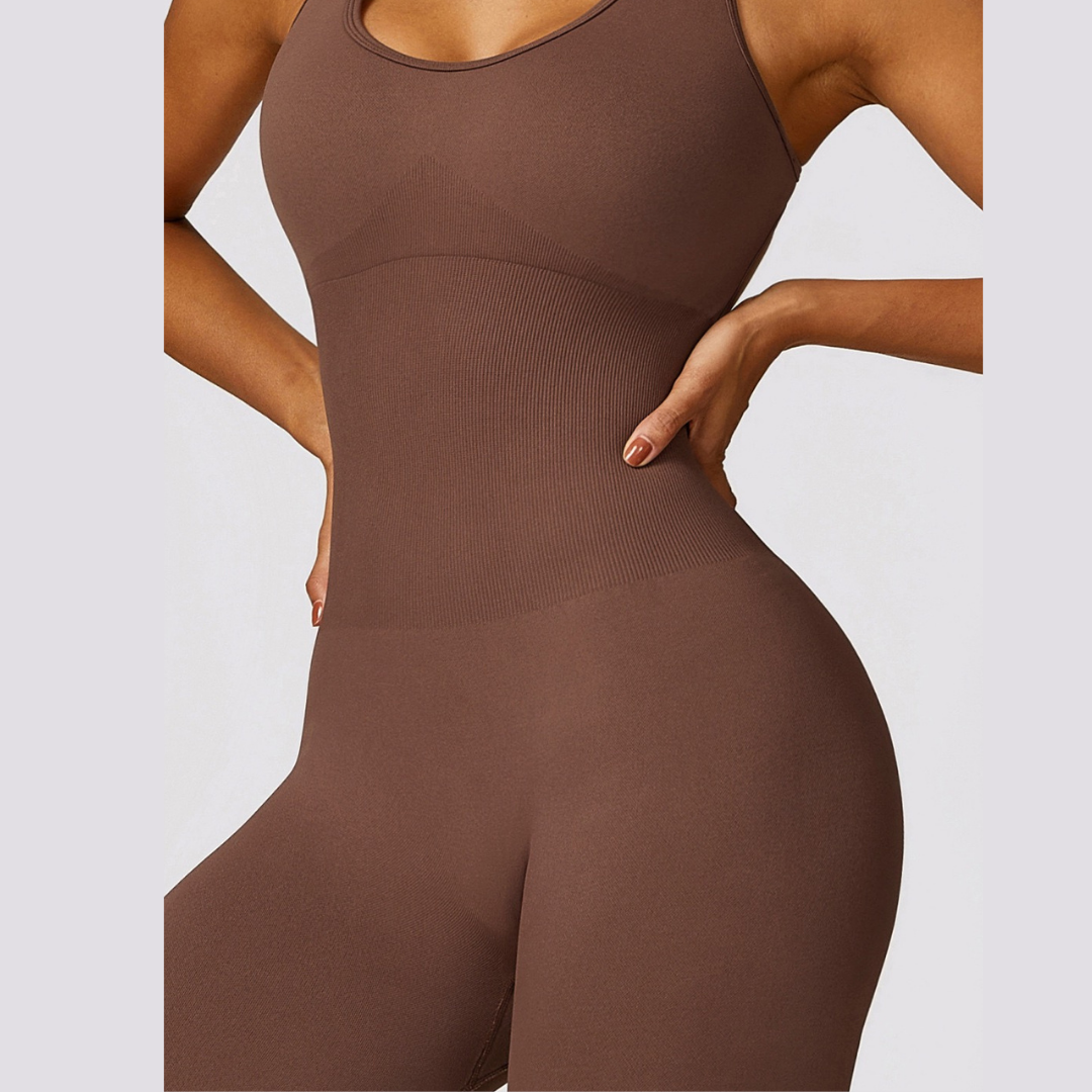 Seamless Cross Back Stylish Jumpsuit - Coffee