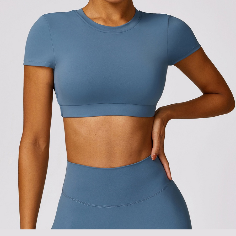 Κομψό σχέδιο χωρίς πλάτη με κοντό μανίκι Crop Top - Dusty Blue 