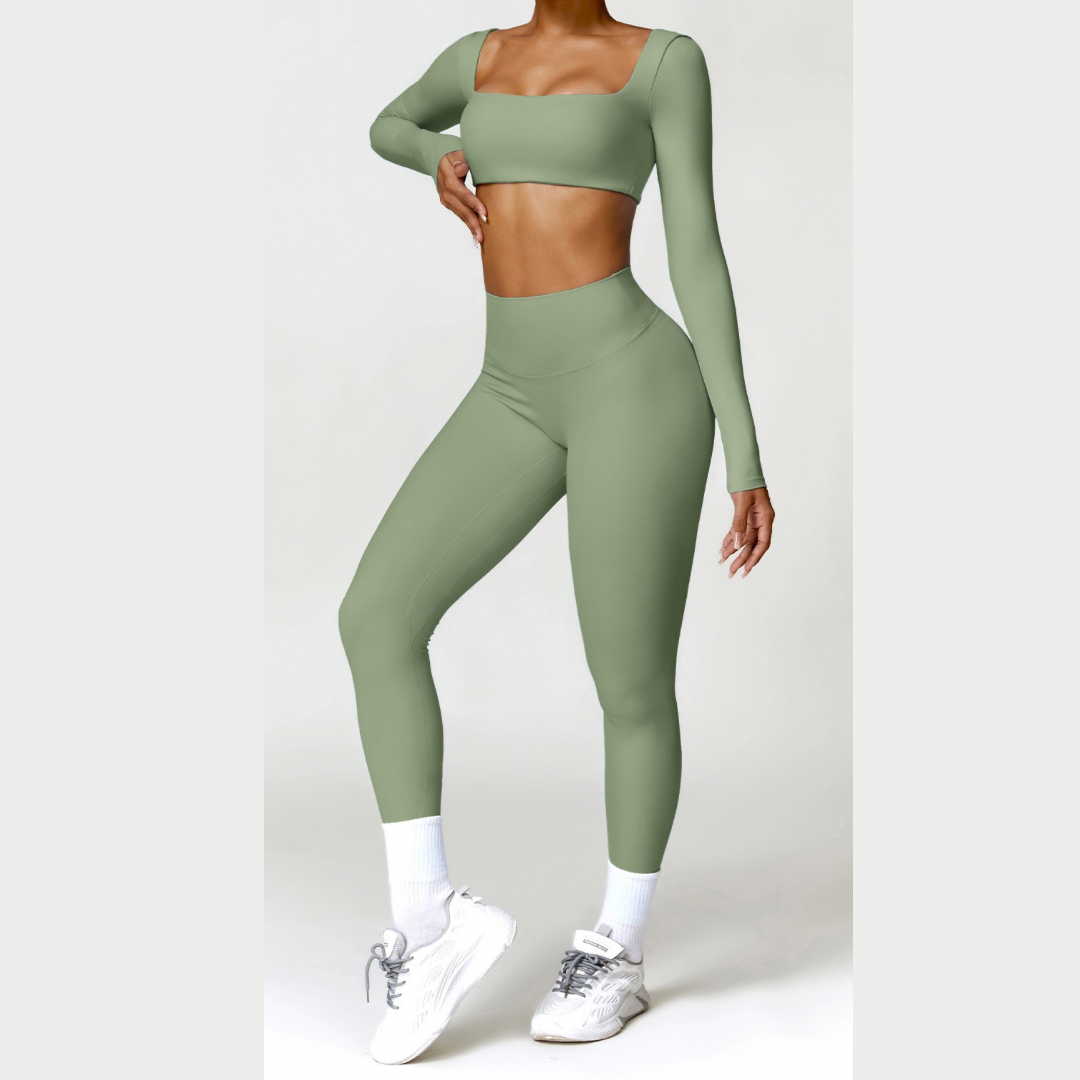 Κομψό μακρυμάνικο μπλουζάκι Skinny Scrunched Legging Set - Πράσινο 