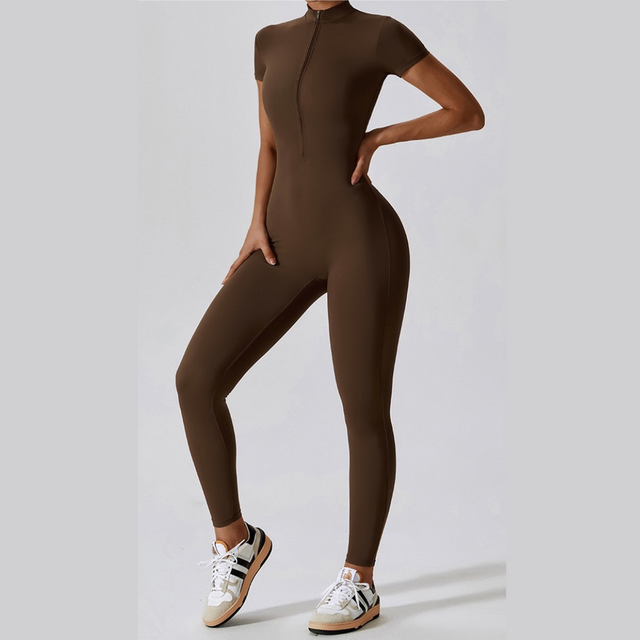 Classic Short-Sleeve Zipped Jumpsuit - Coffee