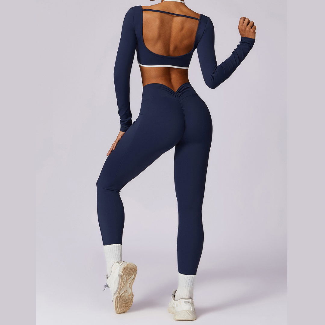 Long Sleeve Backless V-Shape Legging Set - Navy