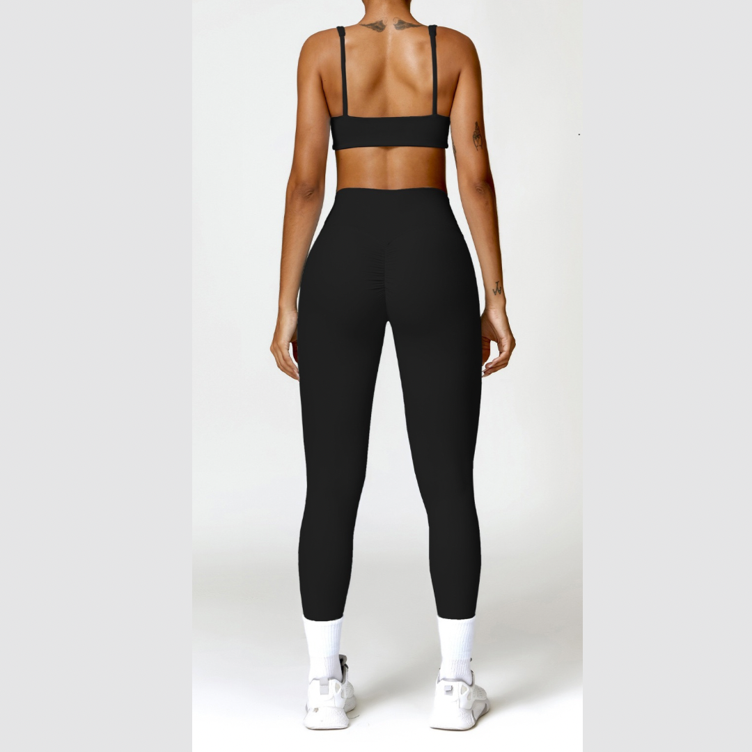 V-Top Skinny Scrunched Legging Set - Black