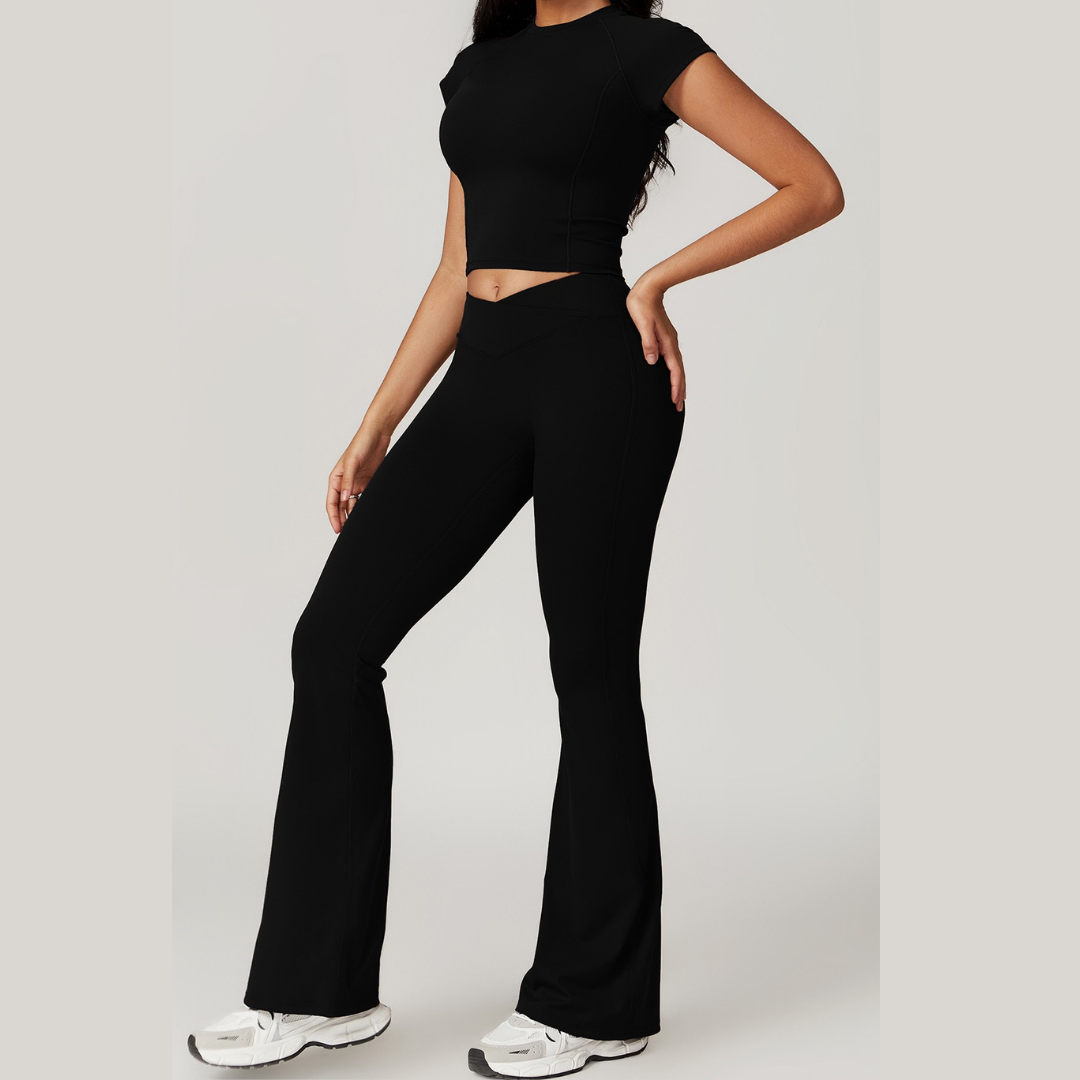 Sustainable Short Sleeve Flared Legging Set - Black