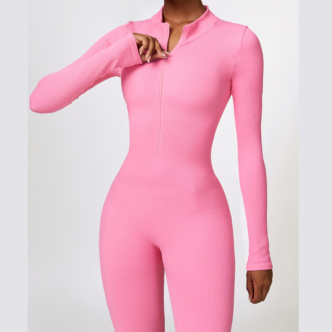 Zipped Long-sleeve Knit Jumpsuit - Pink