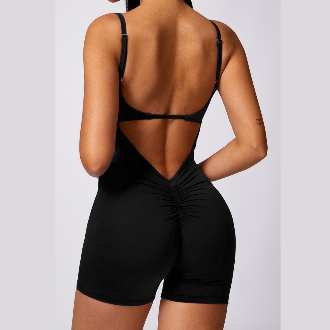 Deep V Scrunched Romper - Black