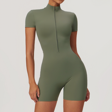 Summer Short-Sleeve Zip Romper - Olive Green