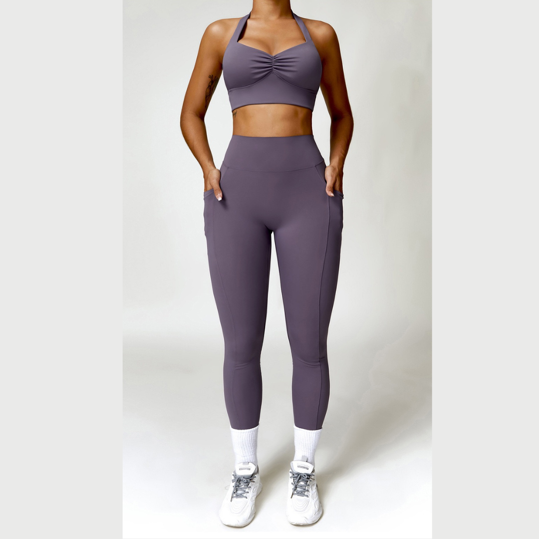 Backless Stylish Top V-Shape Legging Set - Foggy Purple