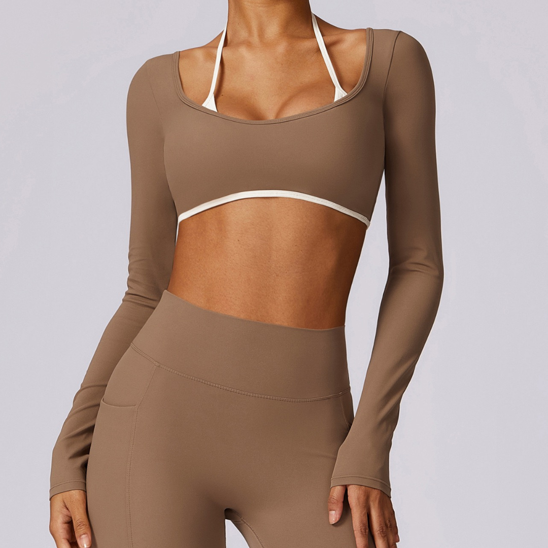 Long Sleeve Backless Fabulous Crop Top - Almond