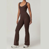 CATHY V-Shape Top Flared Bottom Jumpsuit - Coffee