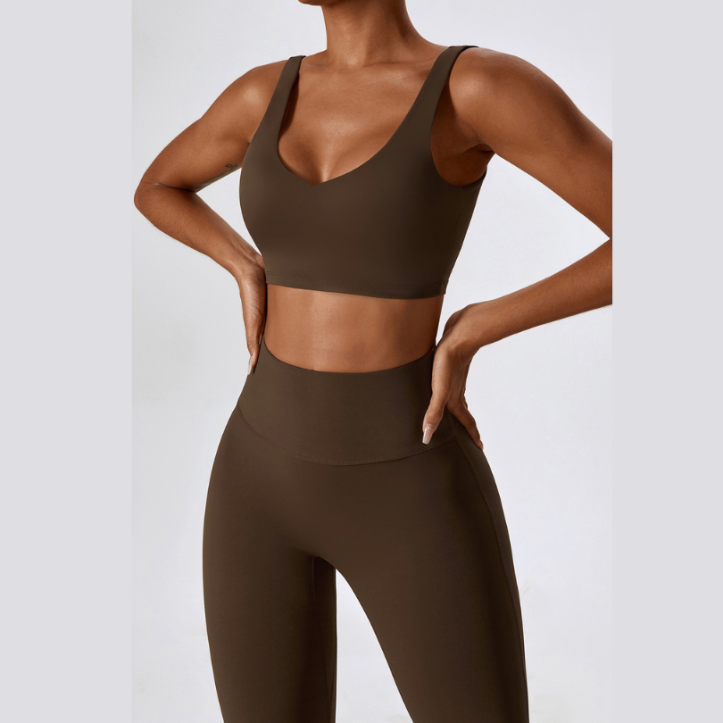 Deep V Flared Legging Set - Coffee