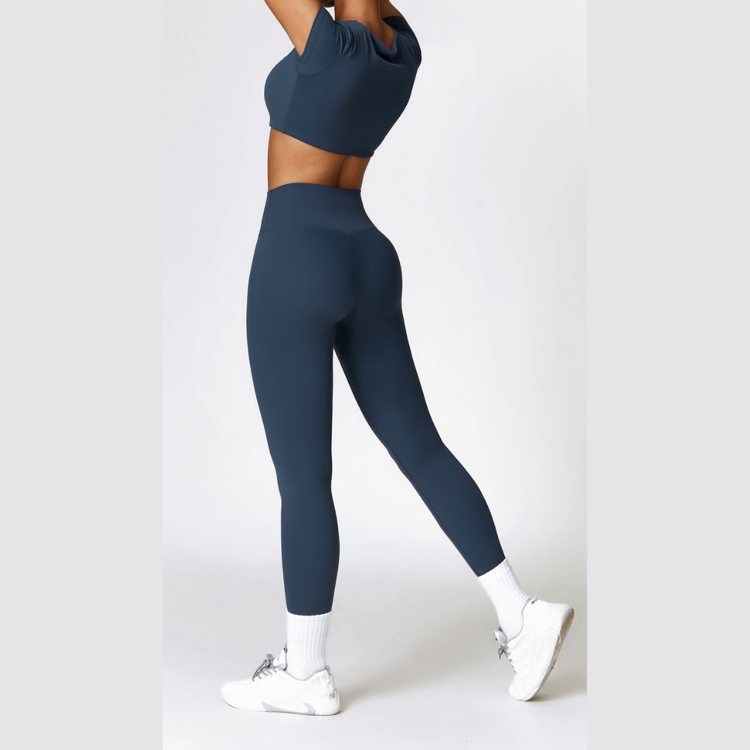 Comfy Short Sleeve Crop Top Legging Set - Navy Blue