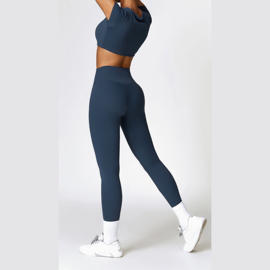 Comfy Short Sleeve Crop Top Legging Set - Navy Blue
