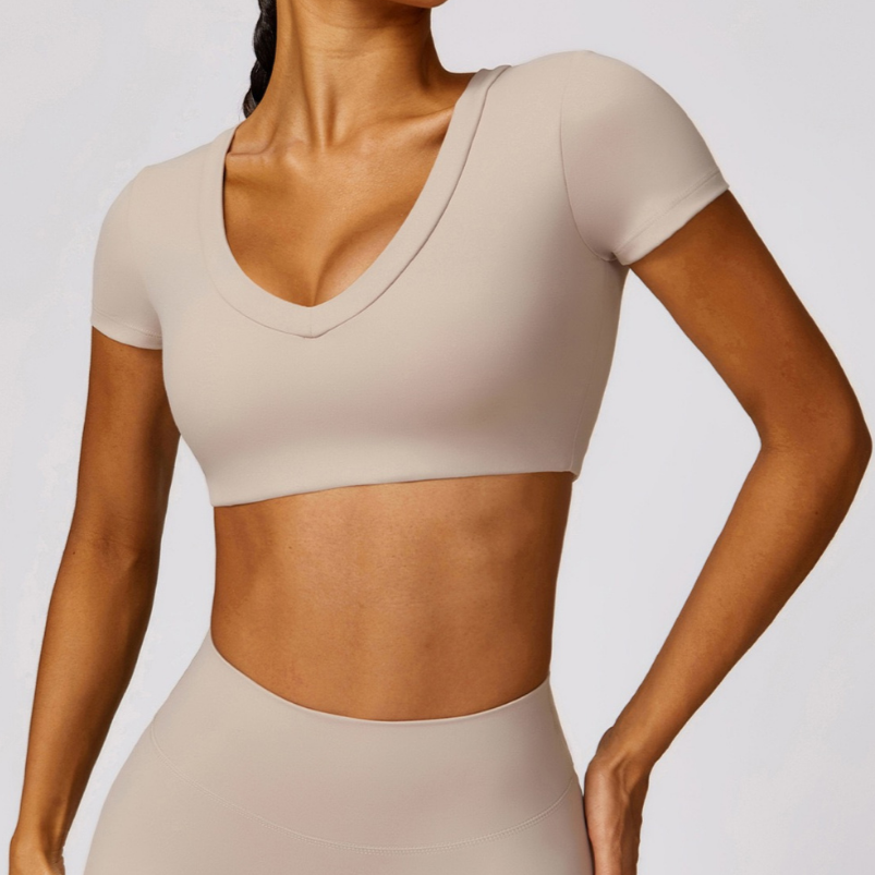 Premium κοντομάνικο Crop Top - Γυμνό 