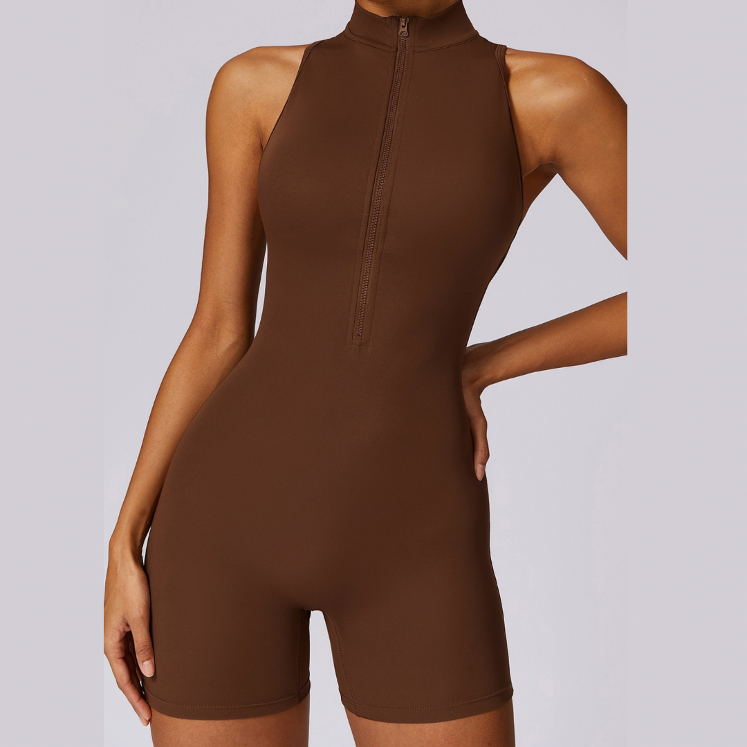 Stylish Zipper Scrunched Romper - Brown