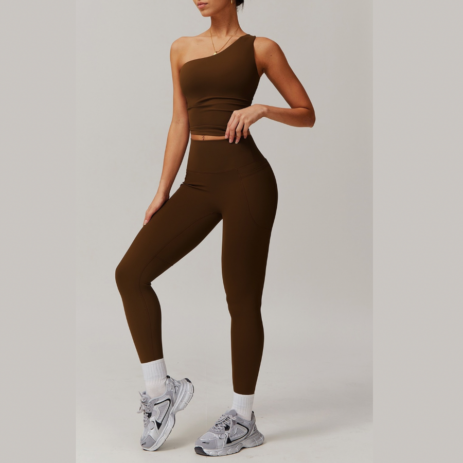 NANA Single Shoulder Top Legging Set - Coffee