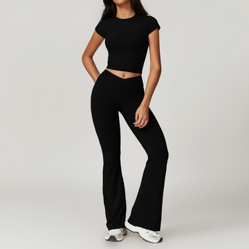 Sustainable Short Sleeve Flared Legging Set - Black