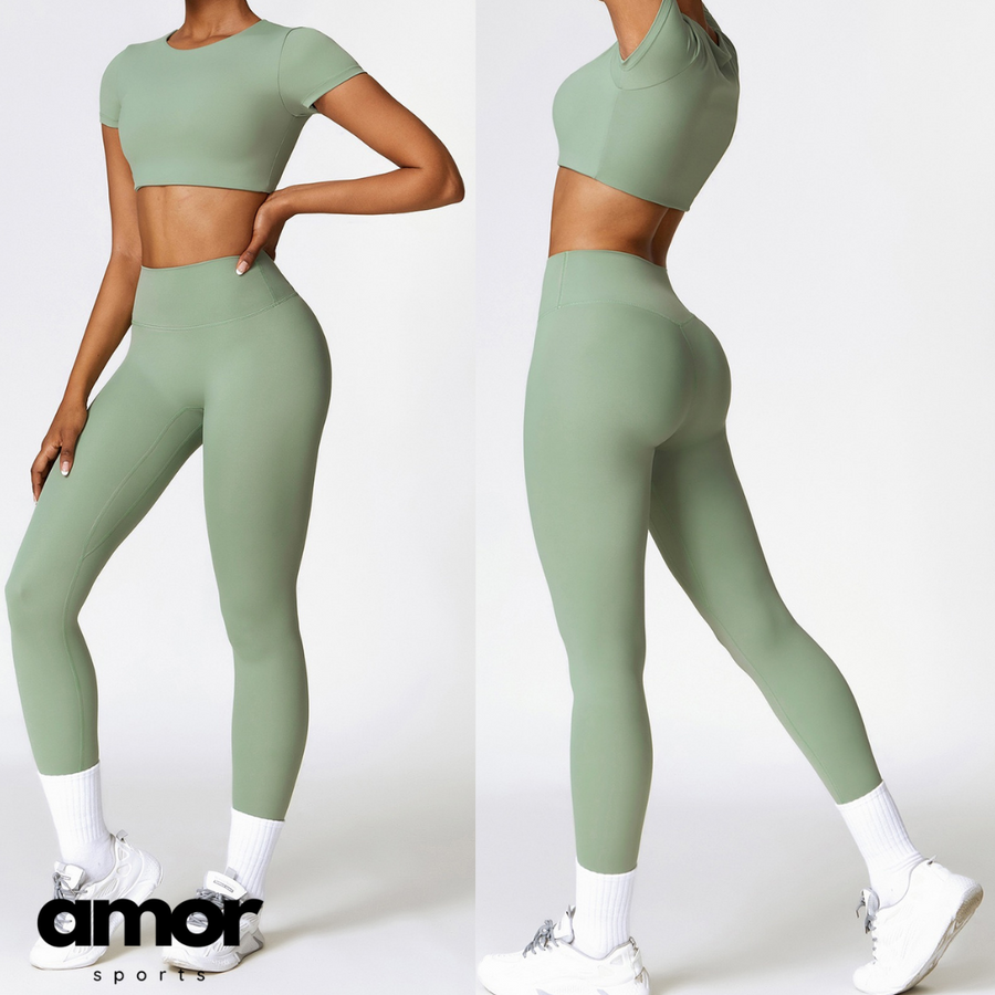 Comfy Short Sleeve Crop Top Legging Set - Green