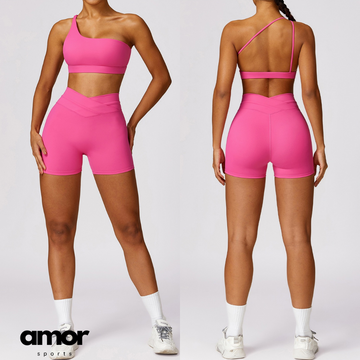 Single Shoulder Top with Short Set - Pink