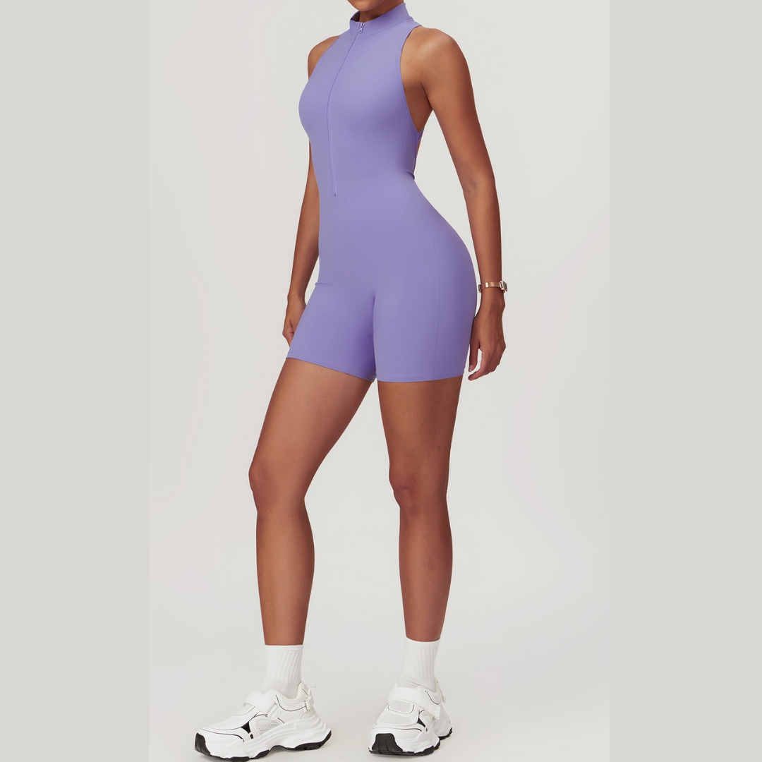 Stylish Zipper Scrunched Romper - Lavender