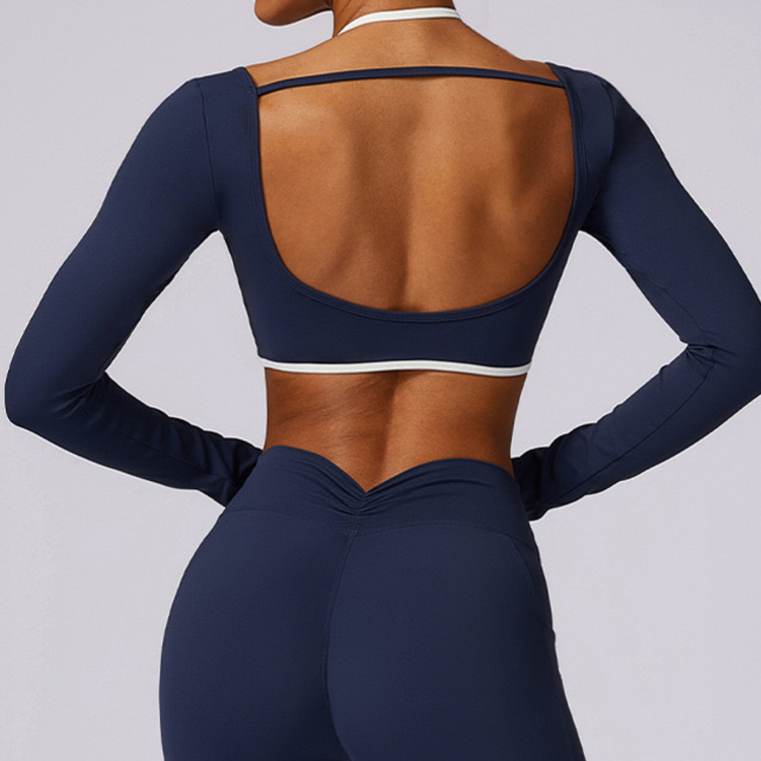 Long Sleeve Backless Fabulous Crop Top - Navy