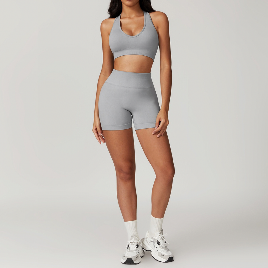 V-Neck Stylish Scrunched Short Set - Grey