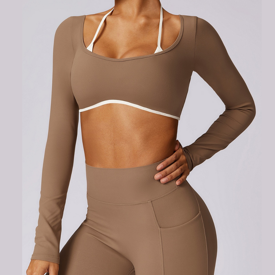 Long Sleeve Backless Fabulous Crop Top - Almond