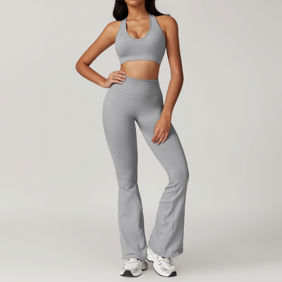 V-Neck Stylish Scrunched Flared Legging Set - Grey