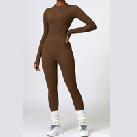 Zipped Long-sleeve Knit Jumpsuit - Coffee Brown