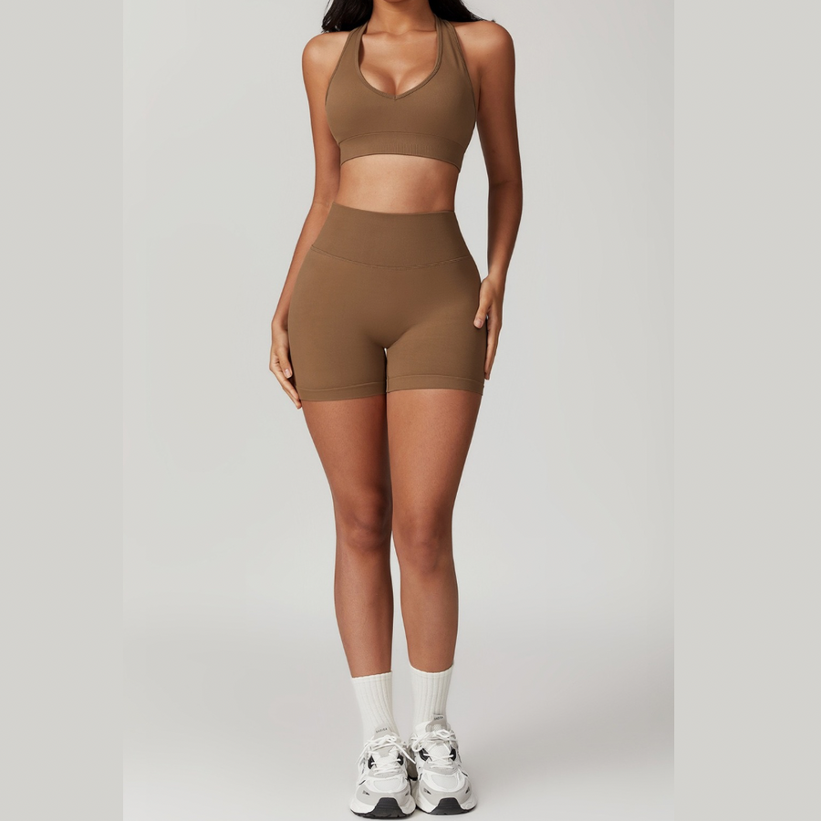 V-Neck Stylish Scrunched Short Set - Brown