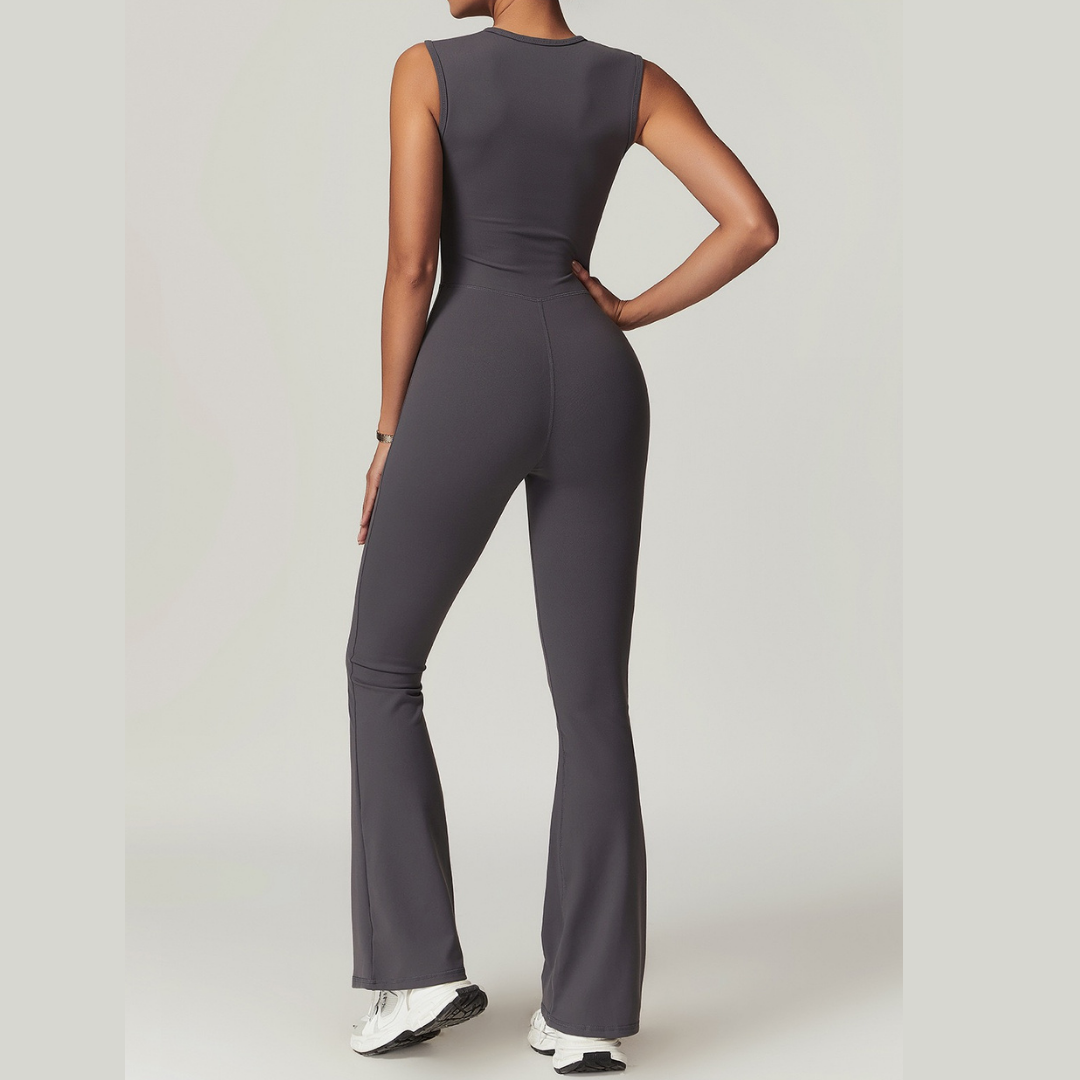 CATHY V-Shape Top Flared Bottom Jumpsuit - Purplish Grey