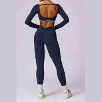 Long Sleeve Backless V-Shape Legging Set - Navy