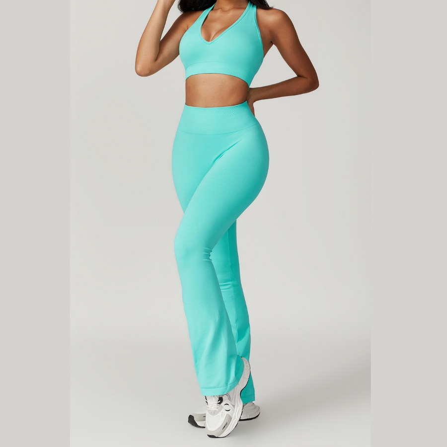 V-Neck Stylish Scrunched Flared Legging Set - Tiffany Blue