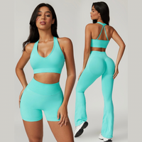 V-Neck Stylish Scrunched Flared Legging Set - Tiffany Blue