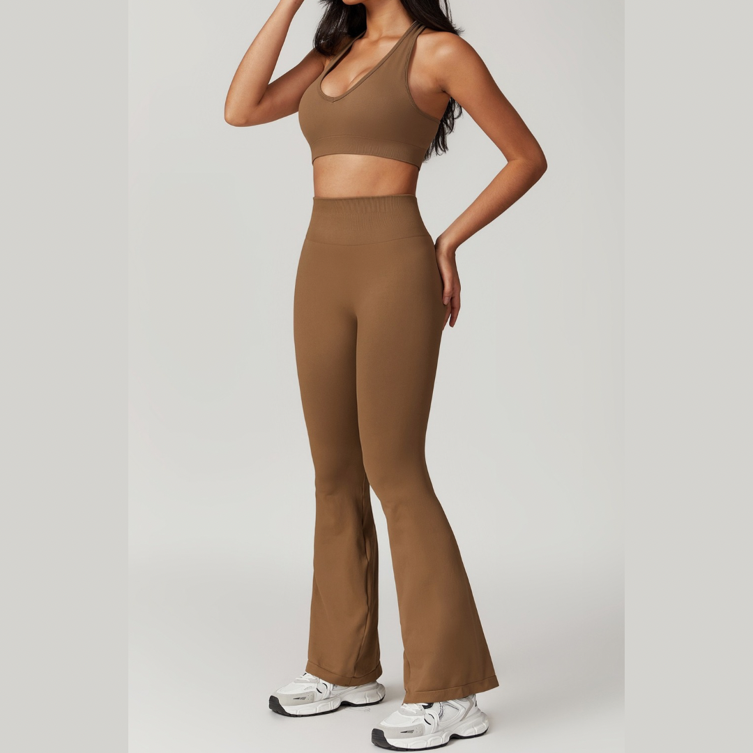 V-Neck Stylish Scrunched Flared Legging Set - Brown