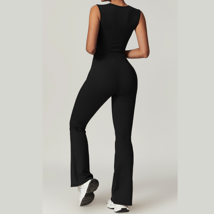 CATHY V-Shape Top Flared Bottom Jumpsuit - Black