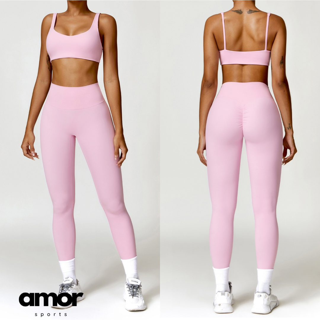 V-Top Skinny Scrunched Legging Set - Ροζ 