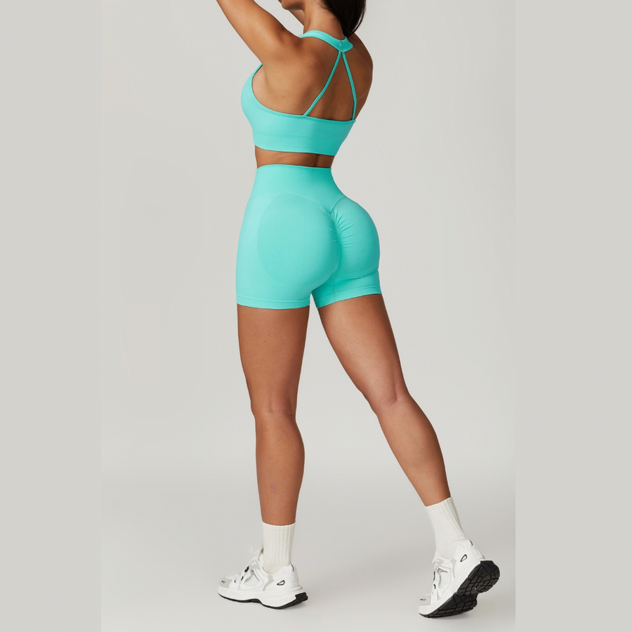 V-Neck Stylish Scrunched Short Set - Tiffany Blue